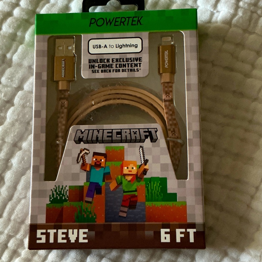 Minecraft theme, Steve, USB A to lightning 6 foot fast charge cord